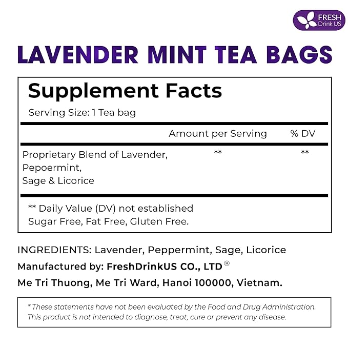 FreshDrinkUS, Premium 35 Tea Bags Lavender Mint Tea, 100% Natural, Blend of Lavender, Peppermint