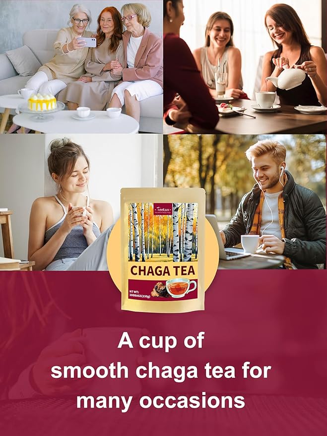 TeeLux Chaga Tea Bags, Pure & Natural Chaga Mushroom Tea, Smooth Flavor, Caffeine Free, 100 Count