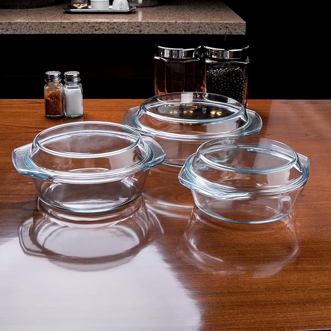 Set of 6 Pieces Round Tempered Glass Casserole Dish with Lids, Glass Casserole Baking Dish Set for