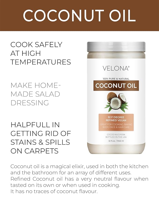 Coconut Oil 92 Degree by Velona - 32 fl oz | 100% Pure and Natural Carrier Oil | in jar | Refined