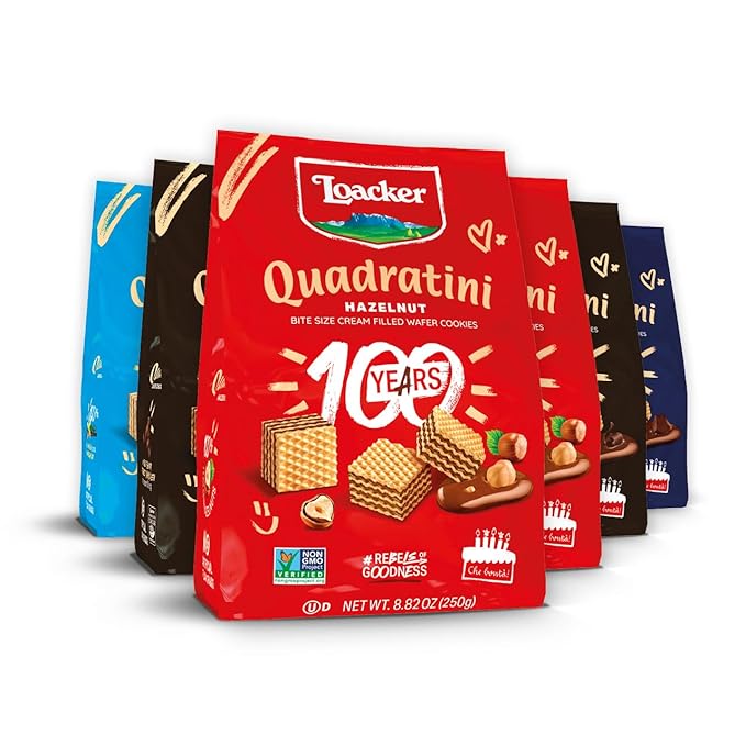 Loacker Quadratini Variety Pack Wafer Cookies LARGE - 30% Less Sugar - Mix of Hazelnut, Dark