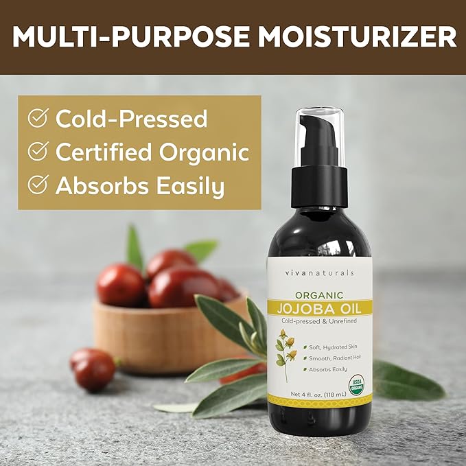 Viva Naturals Organic Jojoba Oil - Pure Cold-Pressed for Skin and Hair, USDA Certified Face