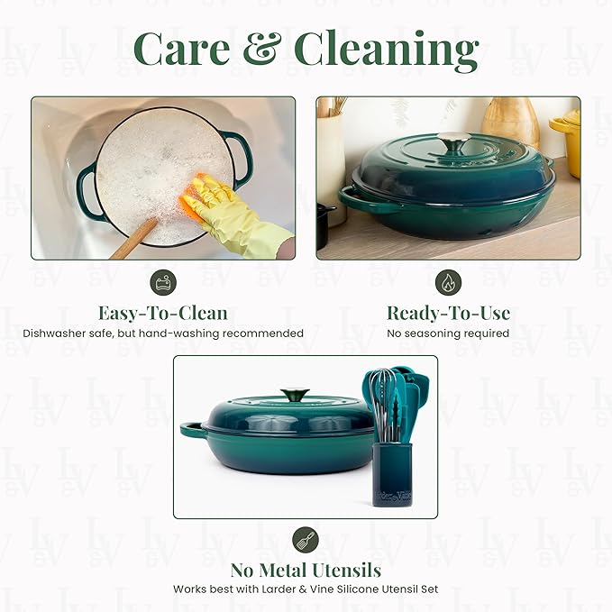 Larder & Vine Enameled Cast Iron Braiser | 3.6 qt Braiser Pan with Lid | Shallow Dutch Oven
