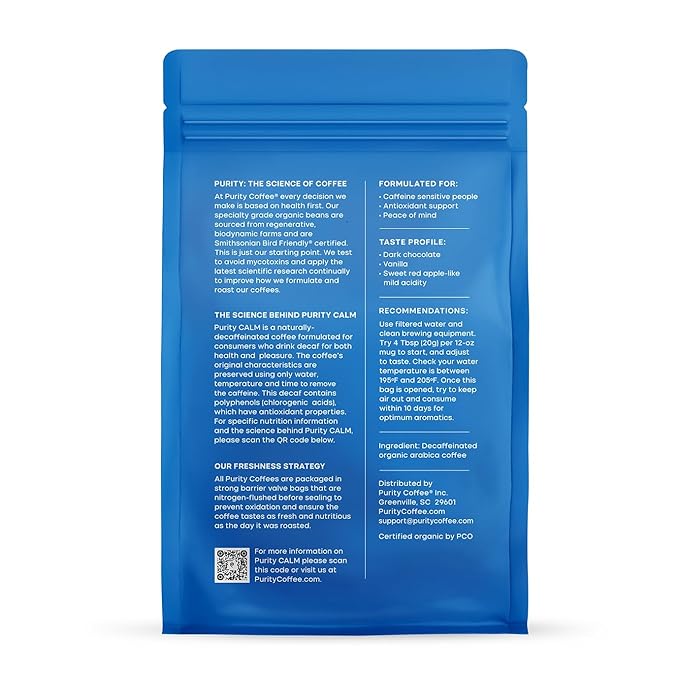 Purity Coffee CALM Decaf Ground Coffee - Natural Water Decaffeinated Coffee - USDA Organic and