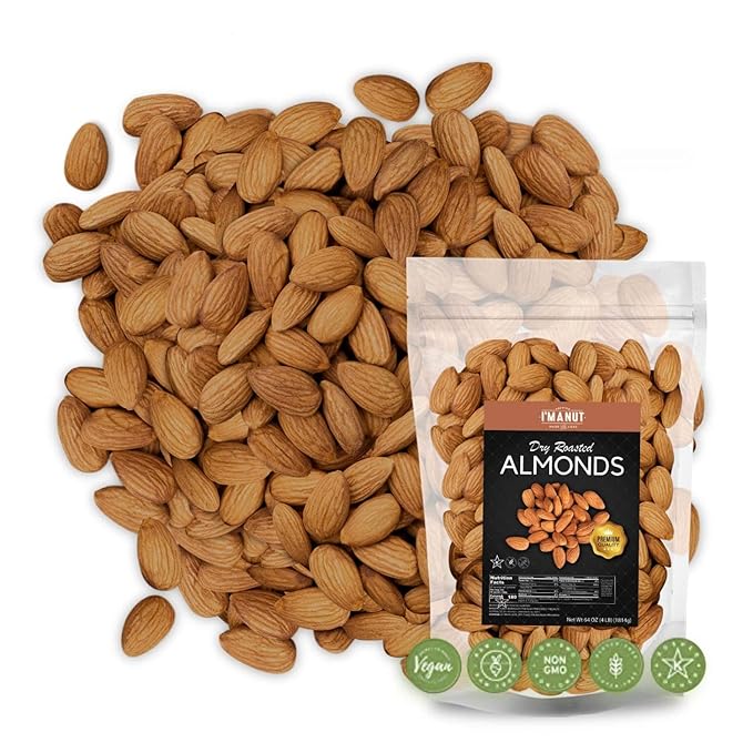 Dry Roasted Almonds Unsalted 48 oz (3 lbs) Batch Tested Gluten & Peanut Free | No Oil | Whole | No