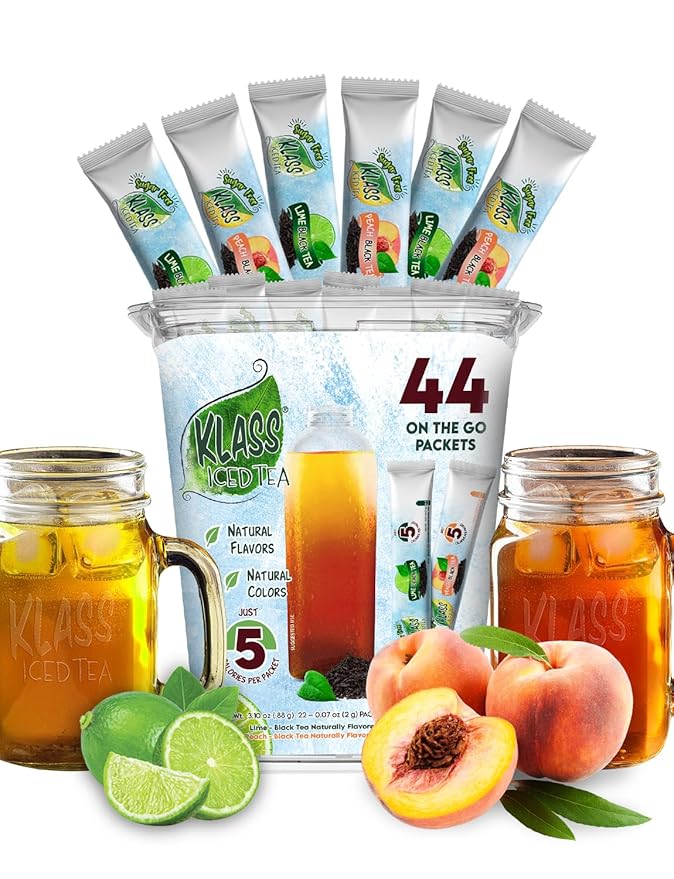 Klass Iced Tea Drink Mix - Sugar Free Variety Pack - Peach & Lime Black Tea On-The-Go! (44 Count