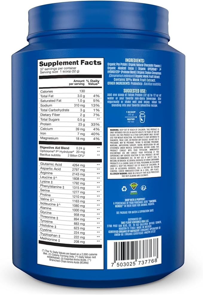 Falcon Vegan Protein Powder Organic, Stevia & Sugar Free, Plant Based Protein, Low Carb, Dairy