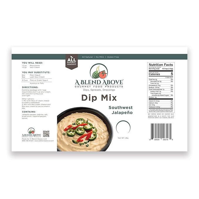 A Blend Above Southwest Jalapeno Dip Mix, 3 Packs, 1 oz. Each, Makes 16 Ounces, Gluten-Free, No