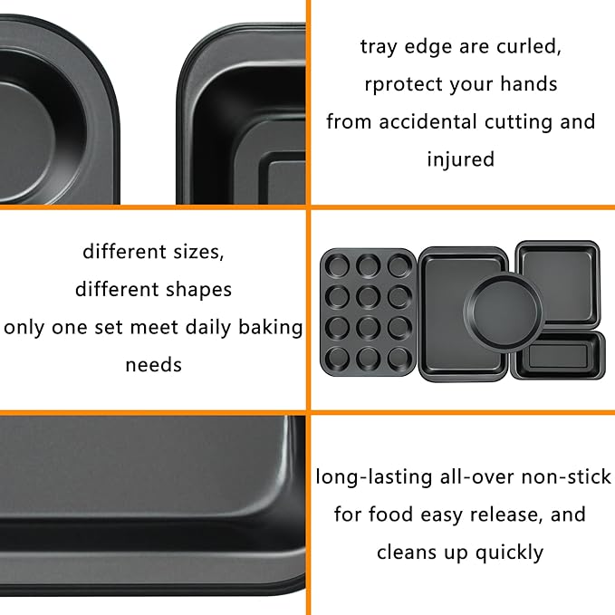 Kitchen 5-Piece Nonstick Bakeware Set - Round/Square Cake Pans, Muffin Pan, Loaf Pan, Roast Pan &