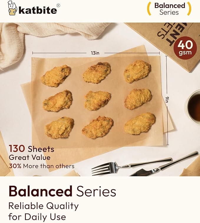 Katbite 130 Pcs Parchment Paper Sheets, 9x13 Inches Unbleached Baking Paper Non-Stick for Gently
