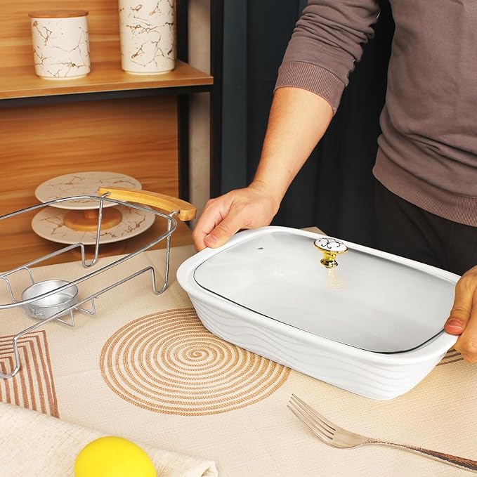 12" x 8" Ceramic Casserole Baking Dish With Glass cover, Lasagna Pan Deep for Oven, 2.2 Quarts