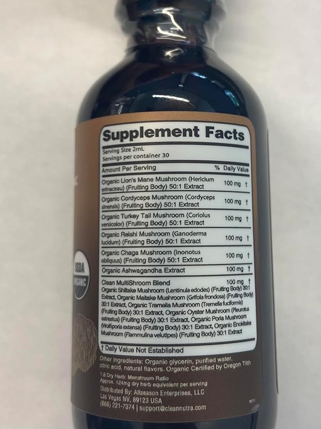 Organic Mushroom Supplement Liquid Drops with Lions Mane Turkey Tail Cordyceps Reishi Chaga Shitake