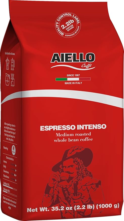 Aiello Caffe Italian Espresso Coffee Beans 2.2 LB Bag, Medium Whole Bean Coffee Freshly Roasted and