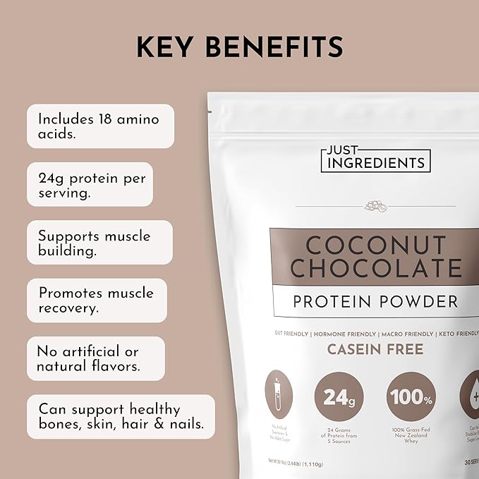 JUST INGREDIENTS Coconut Chocolate Protein Powder ??30-Serving Blend with 100% Grass-Fed Whey &