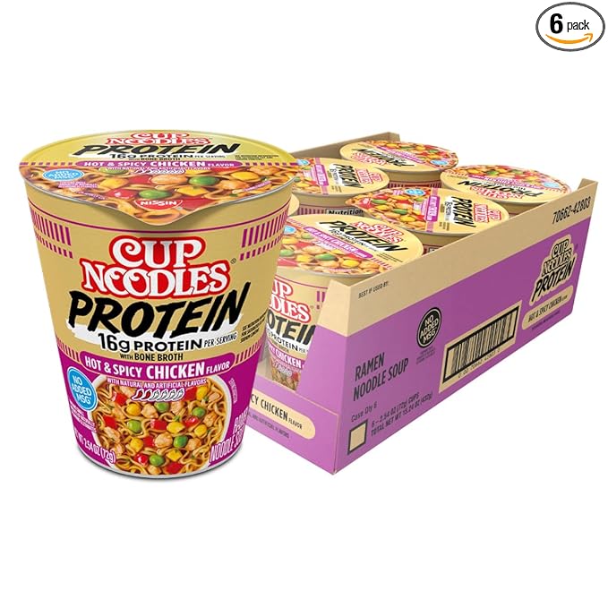 Nissin Cup Noodles Protein Ramen, Chicken Flavor Spicy Ramen with Bone Broth, 16g Protein, 2.54