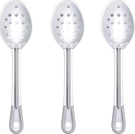 Super Strong, Ergonomic 11 in Serving Spoon 3 Pk. Big, Perforated Stainless Steel Spoons for