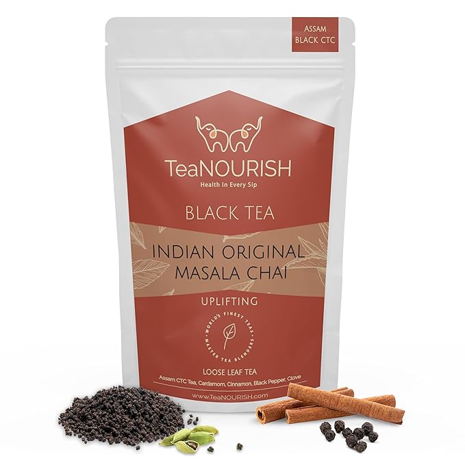 TeaNOURISH Indian Original Masala Chai Tea | Assam CTC Black Tea Loose | Blended with Cinnamon