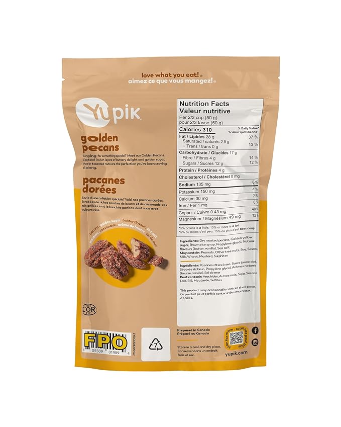 Yupik Toasted Golden Pecans, 5 Oz, Gluten-Free, Kosher, Non-GMO, Sweet Snack, Crunchy Glazed Pecans