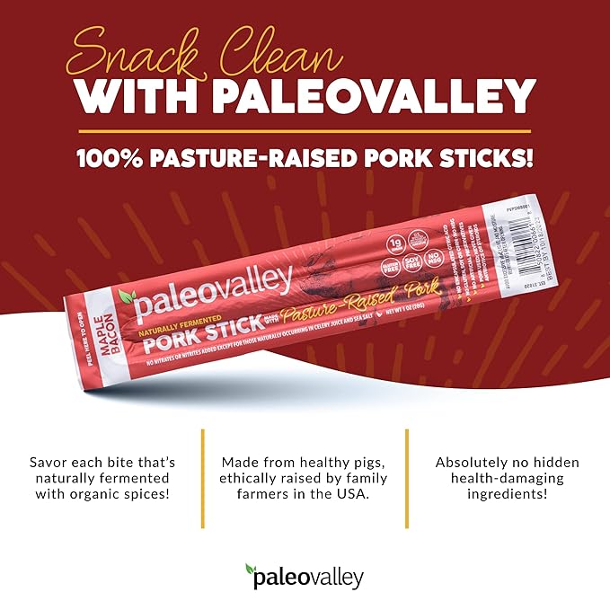 Paleovalley Pasture-Raised Pork Sticks - Maple Bacon Flavor Meat Sticks Individually Wrapped, 28g