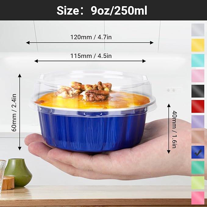 EUSOAR Cake Transport Container, 100pcs 9oz Dark Blue Sheet Cake Pan with Lid, Disposable Ramekins