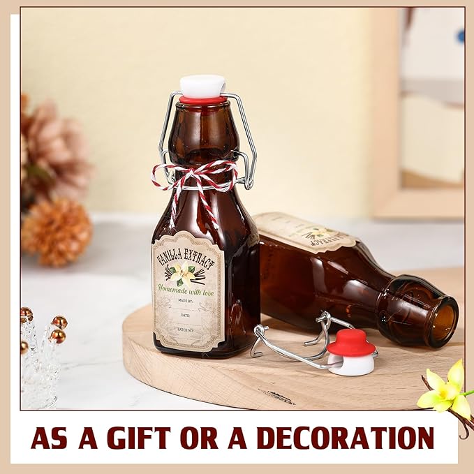 Uiifan 12 Pcs 4 oz Amber Swing Top brown Square Glass Bottles for Vanilla Extract with Caps and