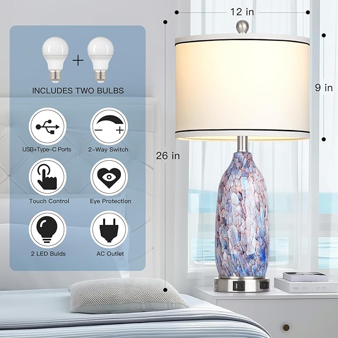 Coastal Lamps with USB A+C Ports & LED Night Light, Unique Seashells Glass Table Lamps with Natural