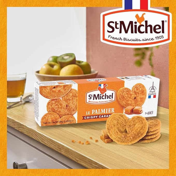 St Michel Caramel Palmiers Biscuits Made In France, pack of 4 (100g each) Non-GMO. Total of 48