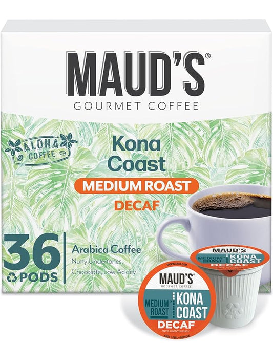 Maud's Decaf Kona Coffee Pods, 36 ct, Decaffeinated Medium Roast Coffee in Recyclable Single Serve