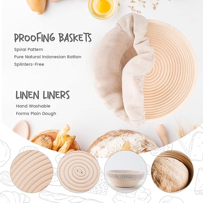 Round Bread Dough Proofing Rising Rattan Baskets(Set of 2, 9 inch) w/Liners for Home Sourdough