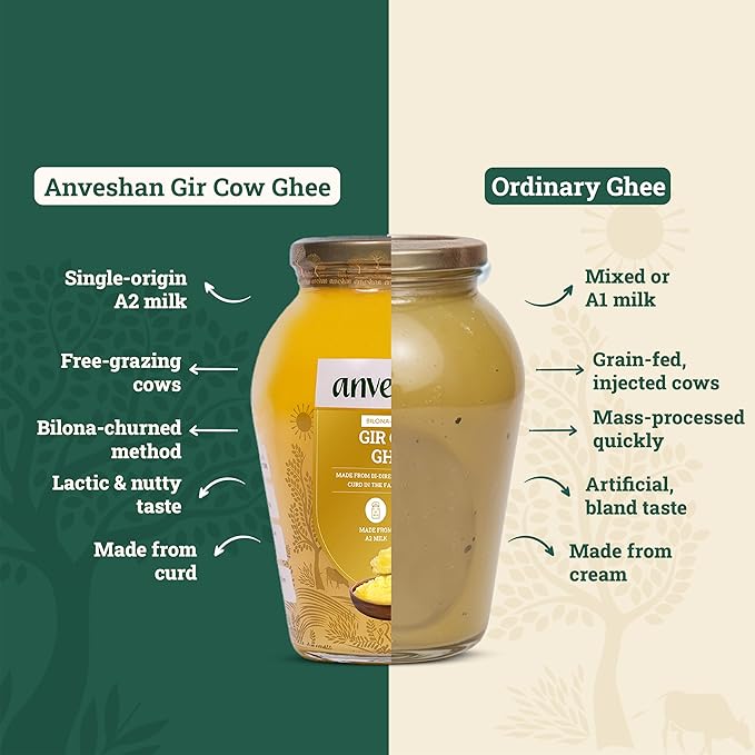 Anveshan A2 Gir Cow Desi Ghee Clarified Butter 33 Fl. Oz/1000mL | Grass-Fed | Pasture-Raised |