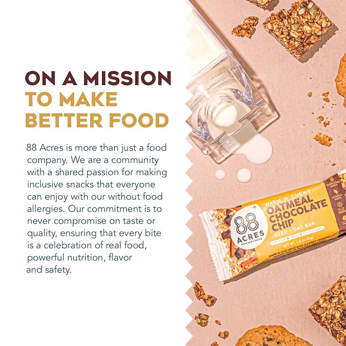 88 Acres Granola Bars | Oatmeal Chocolate Chip | Gluten Free, Nut-Free Oat and Seed Granola Bar |
