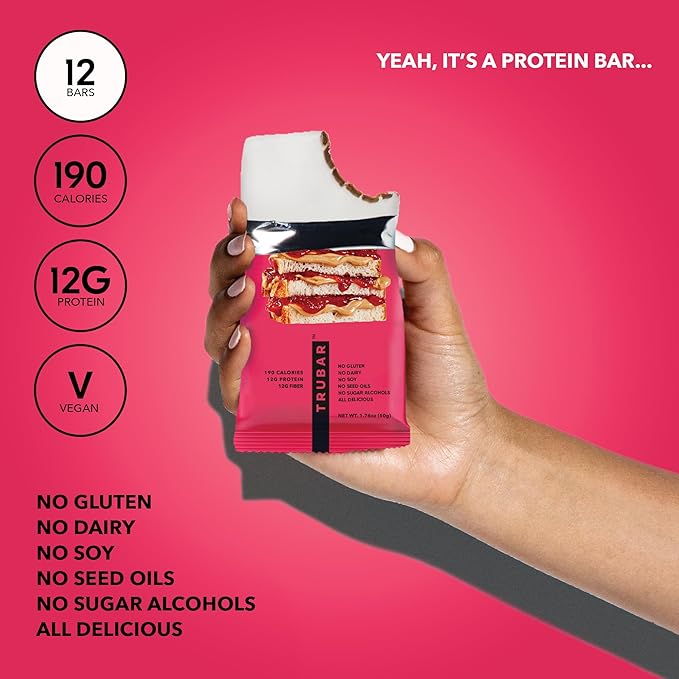 TRUBAR Vegan Protein Bar, Get In My Belly Pb & Jelly, Gluten Free, Plant Based, High Fiber, Dairy