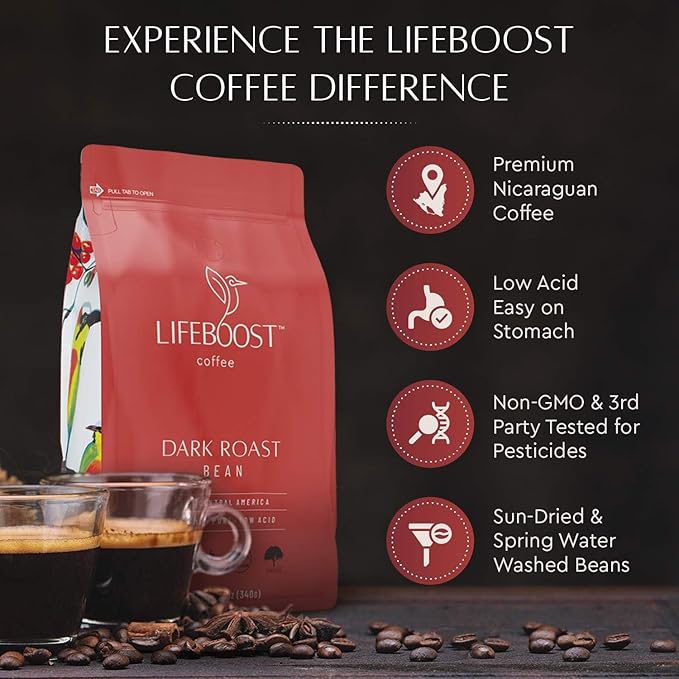 Lifeboost Dark Organic Coffee Beans - Single Origin Non-GMO Dark Roast Low Acid Coffee Beans