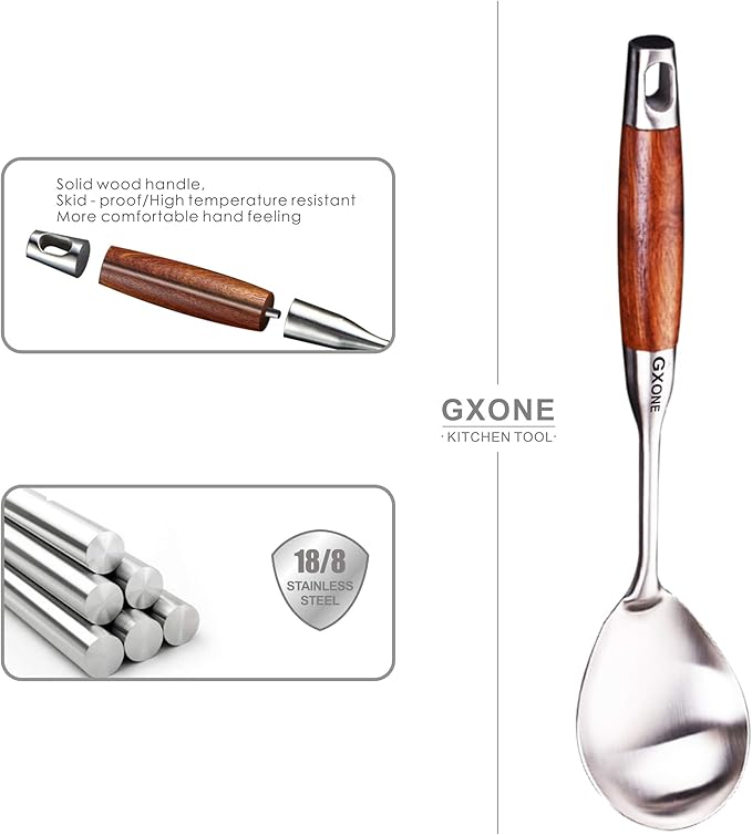 Large Serving Spoons,304 Stainless Steel Cooking Spoon with Heat Resistant Wooden