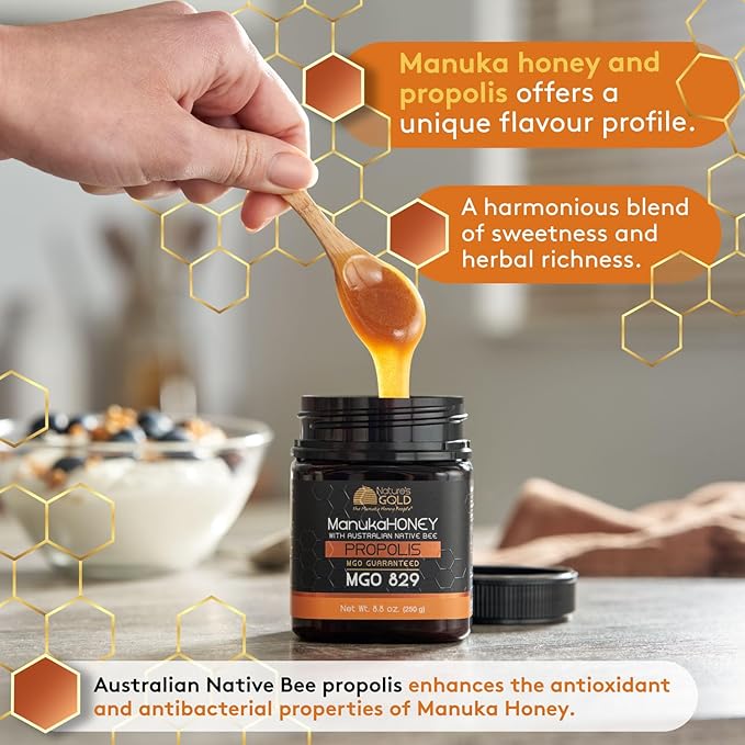 Nature’s Gold Raw Manuka Honey with Australian Native Bee Propolis, MGO 829+ | 8.8oz (250g), 100%