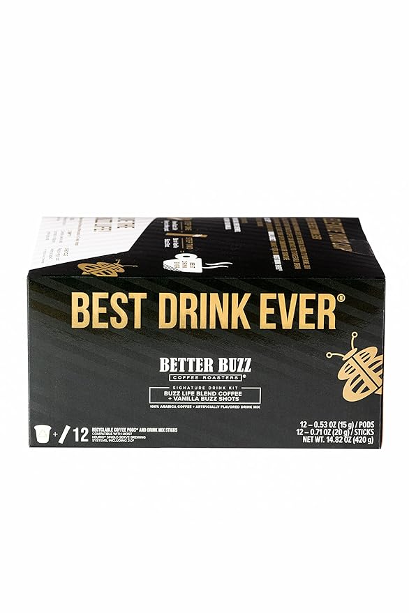 Better Buzz Best Drink Ever Vanilla Latte Single Serve Kit 24ct.,12 Medium Roast Coffee Pods (Buzz