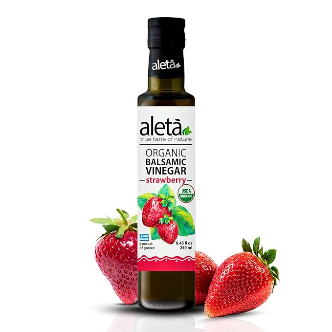 Aleta Farms Balsamic Vinegar, Greek Organic Strawberry Infused Aged Balsamic Vinegar, USDA Organic