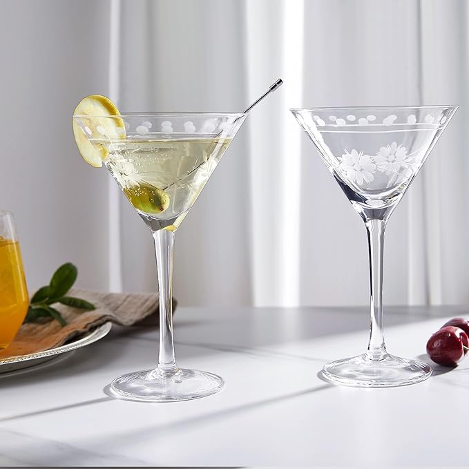 Premium Delight Vintage Cocktail Glasses Set of 4, 9.6 oz – Hand-Blown with Etched Long Stem