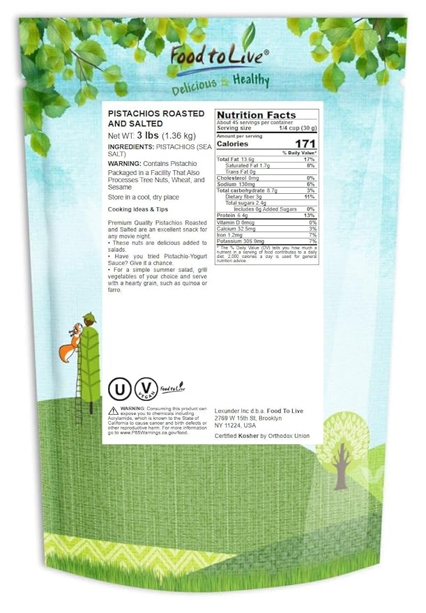 Food to Live Pistachios, Roasted and Salted, 3 Pounds ??California Dry Roasted Pistachios with Sea