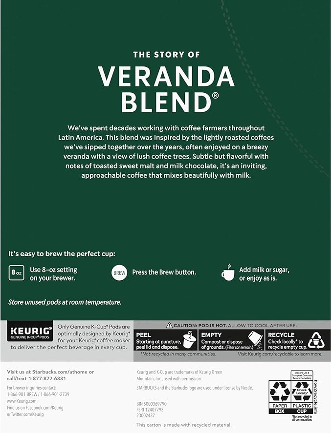 Starbucks Coffee Company Veranda Blend Blond Roast K-Cup Pods - 22 count - 1 box, 22 Count (Pack of