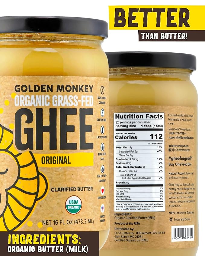 GOLDEN MONKEY Organic Ghee Butter ??Grass Fed Clarified Butter for Cooking, Baking, Keto & Gut
