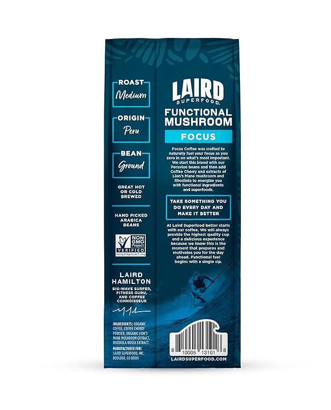 Laird Superfood Focus Coffee, Medium Roast Ground Coffee Infused with Functional Mushrooms and