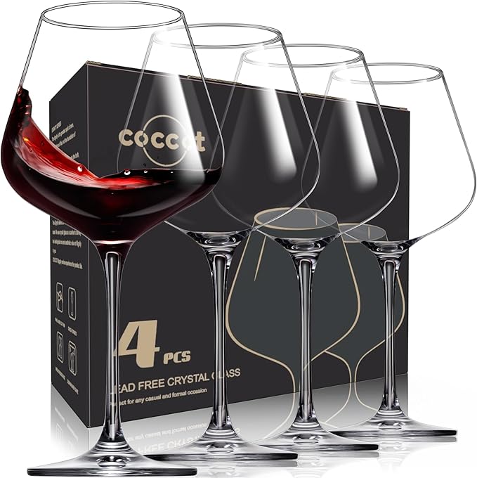 Red Wine Glasses Set of 4, Hand Blown Italian Style Crystal Burgundy Wine Glasses, Lead-Free