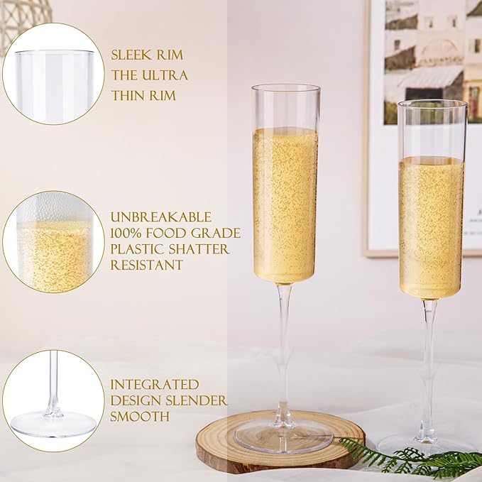 Ciaell 24 Pack Plastic Champagne Flutes - Clear 6 Oz Disposable Champagne Glasses - Square Plastic