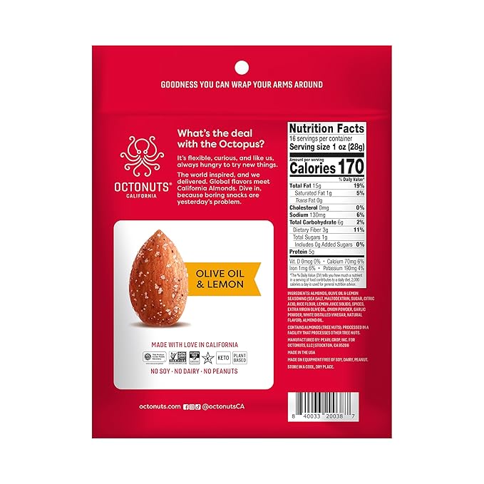 Octonuts Olive Oil & Lemon Almonds – 12 Individually Wrapped Snack Packs (1oz Each), Healthy Snacks