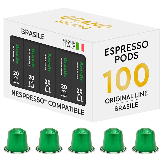 Grano Milano Brasile Coffee Capsules - 100 Aluminum Coffee Pods Compatible with Nespresso Original