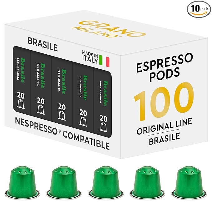 Grano Milano Brasile Coffee Capsules - 100 Aluminum Coffee Pods Compatible with Nespresso Original
