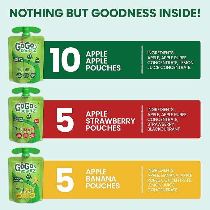 GoGo squeeZ Applesauce, Variety Pack (Apple/Banana/Strawberry), 3.2 Ounce (20 Pouches), Gluten