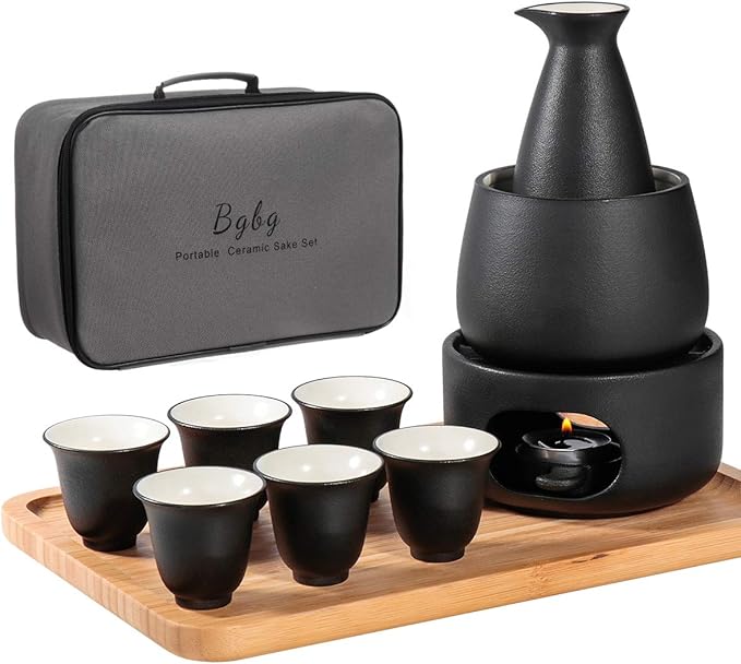 Bgbg Ceramic Sake Set with Warmer Pot Bamboo Tray-Traditional Japanese Pottery Hot Saki Set