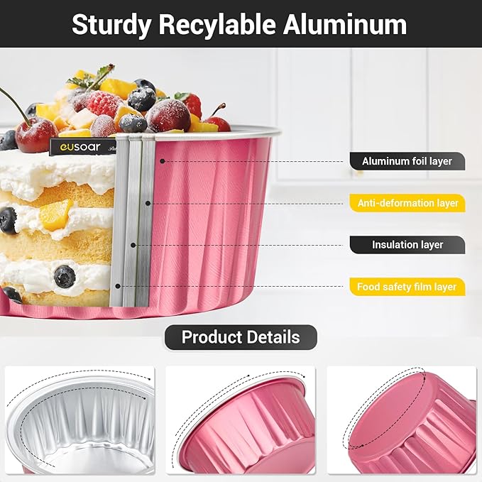 EUSOAR Disposable Ramekins with Lids, 60pcs 5oz Foil Dessert Cups, Aluminum Baking Cups Liners Mini